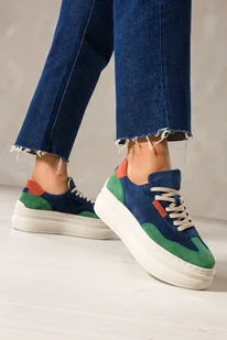 Granatowe sneakersy skórzane damskie buty sportowe na platformie z zielonymi i rudymi wstawkami sznurowane PRODUKT POLSKI Casu M8730H6 - Półbuty damskie - miniaturka - grafika 1