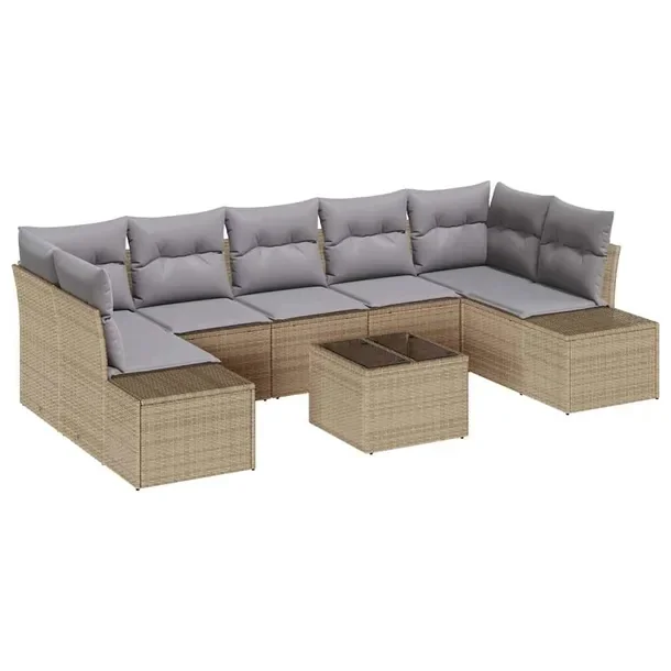 Zestaw Sofa Ogrodowa 8-osobowa, Beżowo-Jasnoszara, Polirattan