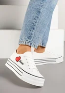 Trampki damskie - Białe Trampki na Platformie z Ozdobnym Napisem i Aplikacją Efena - miniaturka - grafika 1