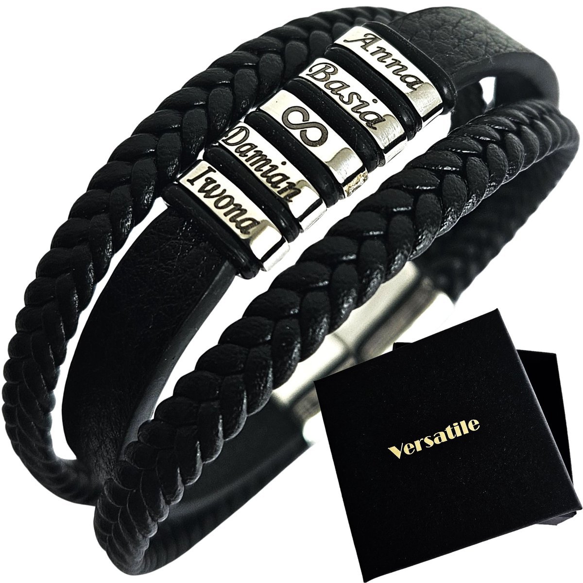 Bransoletka męska potrójna skórzana z GRAWEREM URODZINY, IMIONA, DATY