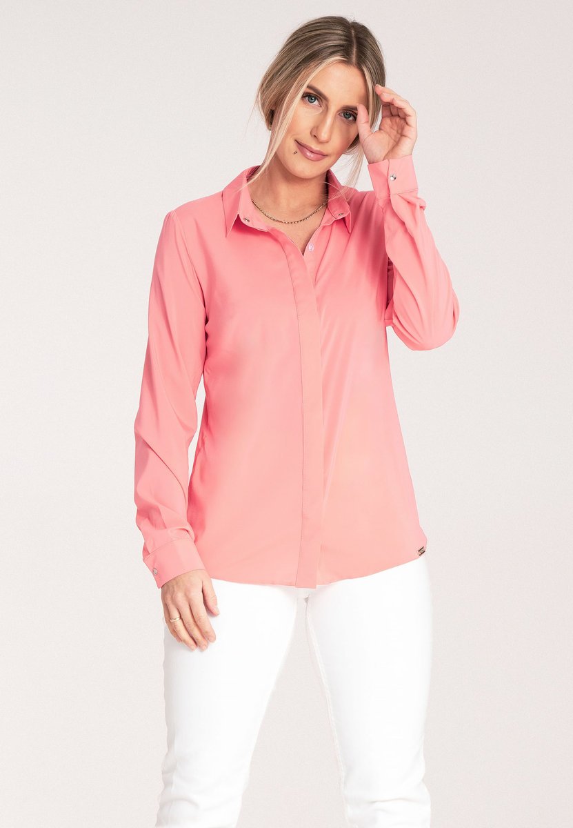 Elegancka koszula damska z klasycznym kołnierzykiem Regular Fit długi rękaw jednolita - Figl M1068, koralowa, S