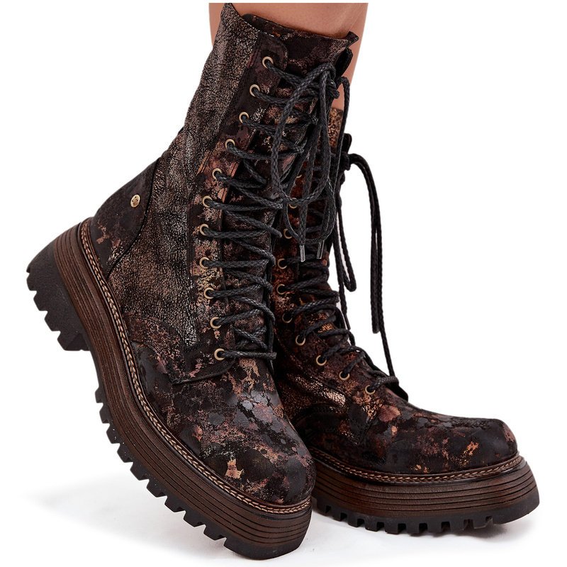 Damskie Skórzane Botki Workery Maciejka 06203-32 Brązowo-Złote-36