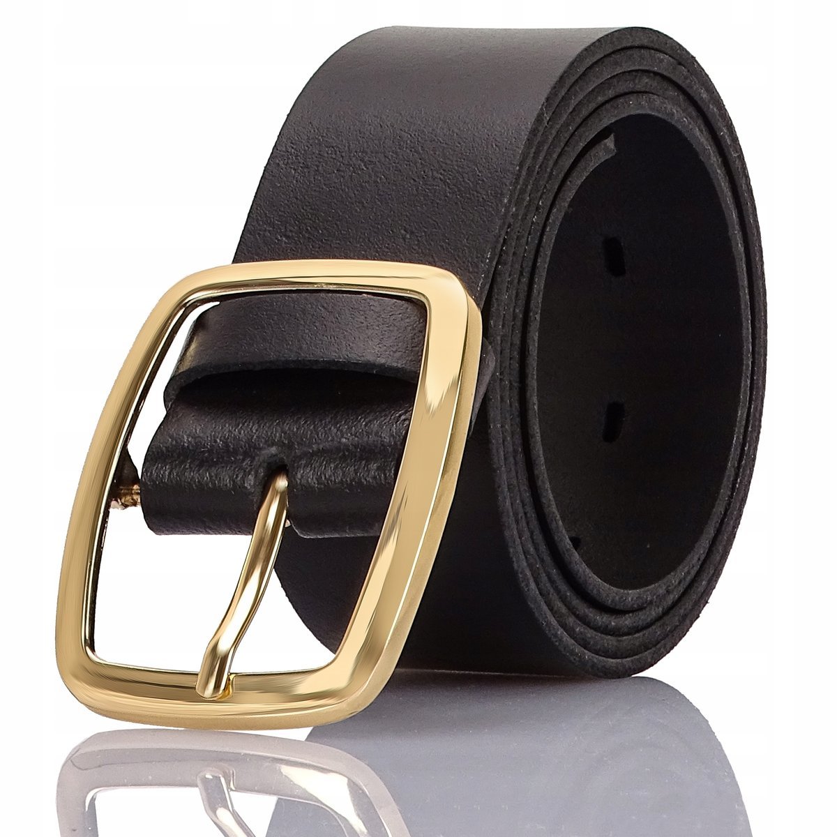 Damski pasek skórzany CZARNY SZEROKI 140cm KLAMRA KLASYCZNA ZŁOTA GRACIO
