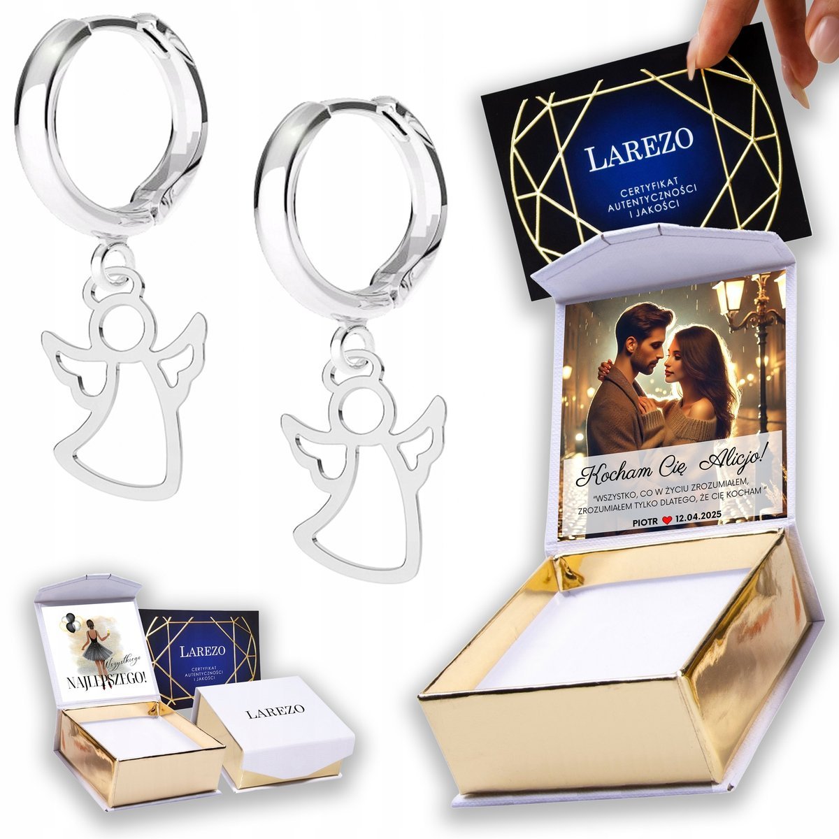 Kolczyki Srebrne 925 z Aniołkami Anioły Aniołki Angel Chłopiec NADRUK