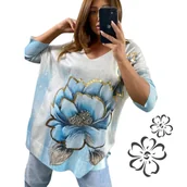 Bluzki damskie - PIĘKNY SWETER Z KWIATEM złoto dekolt V luźny tunika wiskoza 58 60 9XL 10XL - miniaturka - grafika 1