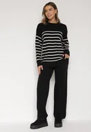 Komplety damskie - Czarny Komplet z Wełną i Bawełną Sweter w Paski i Szerokie Spodnie Neveena - miniaturka - grafika 1
