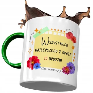 Kubek Zielony na Urodziny 15 15ste 15-ste Prezent z Nadrukiem ze Zdjęciem + Opakowanie na prezent (wzór 02) - Kubki - miniaturka - grafika 1