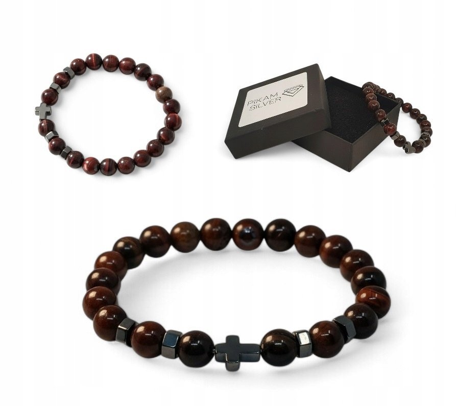 Bransoletka Z Kamieni Naturalnych 8,5mm Bawole Oko Z Krzyżykiem Na Gumce