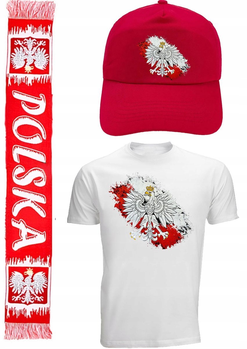 ZESTAW DLA KIBICA POLSKI KOSZULKA +SZALIK + CZAPKA GODŁO FLAGA