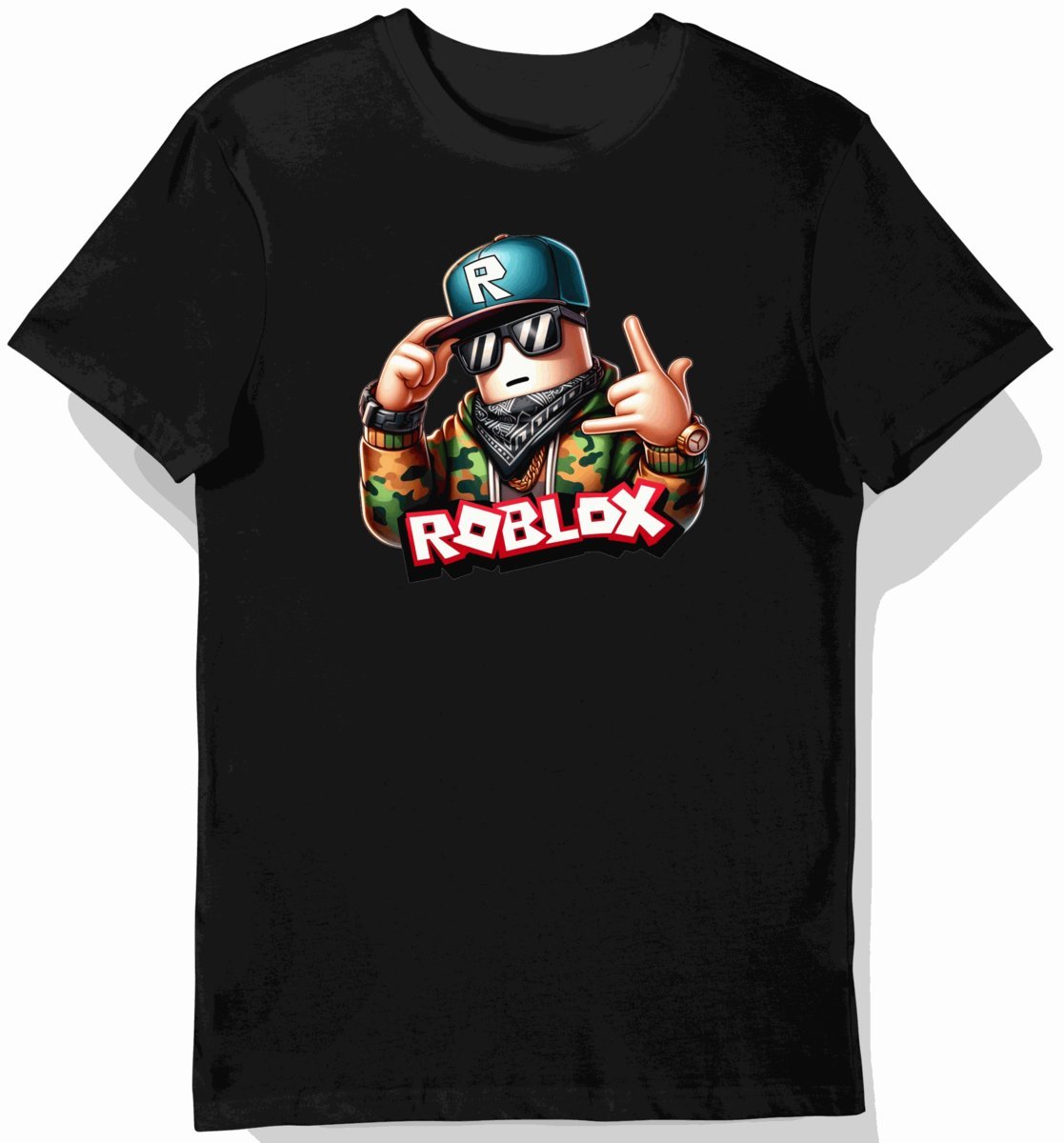 Koszulka dziecięca czarna, ludzik roblox, czapka, prezent Roblox dla gracza 116