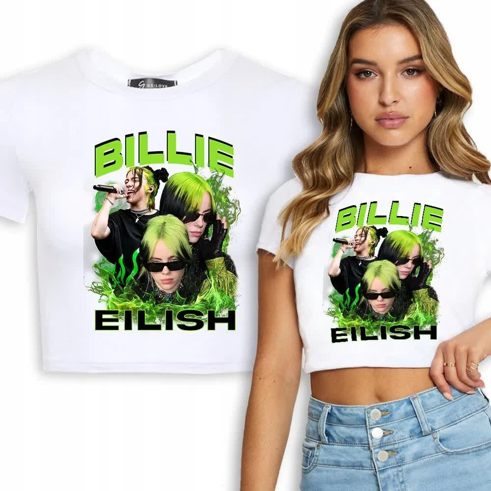 KRÓTKA DAMSKA KOSZULKA Biała Na Prezent Dla Fana BILLIE EILISH Wzory - M