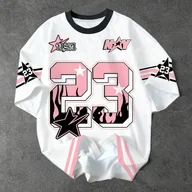 Bluzki damskie - TEMU Modna damska koszulka z obniżonymi ramionami i nadrukiem NY i 23 Codzienna odzież codzienna, idealny prezent dla rodziny, styl Y2K, sezon - miniaturka - grafika 1