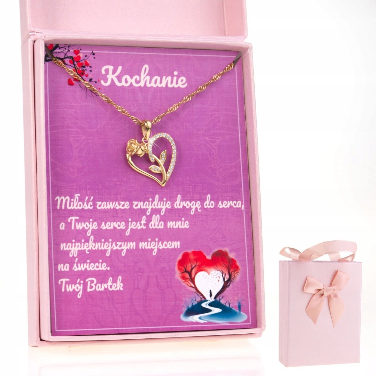 Złoty 925 Naszyjnik dla Niej Serce i Róża Dedykacja Prezent