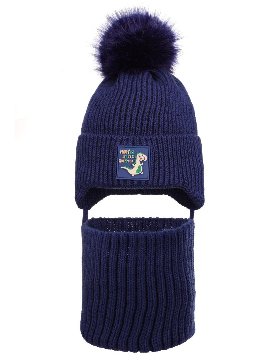 Chłopięcy komplet zimowy czapka i komin dinozaur granatowy Ambra Biz r.46/50