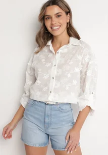 Biała Koszula Oversize z Bawełny Zdobiona Kwiatowym Haftem Reinoviel - Koszule damskie - miniaturka - grafika 1