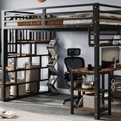 Łóżka dla dzieci i młodzieży - Łóżko piętrowe 120x200 cm - z biurkiem i półką - schody z poręczami - metal + płyta wiórowa - czarny - miniaturka - grafika 1