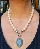Wisiorki - ELEGANCKO Naszyjnik z pięknych szklanych pereł z wisiorem z labradorytu 3w1 - miniaturka - grafika 1