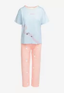 Piżamy damskie - Jasnoniebieski Komplet Piżamowy Koszulka z Nadrukiem i Proste Długie Spodnie Lirrana - miniaturka - grafika 1