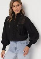 Koszule damskie - Czarna Wiskozowa Koszula z Koronkowymi Wstawkami Ulirine - miniaturka - grafika 1