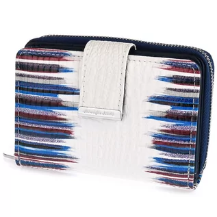 Portfele - Skórzany portfel damski lakierowany elegancki modny biały w niebieskie pasy 826 - grafika 1