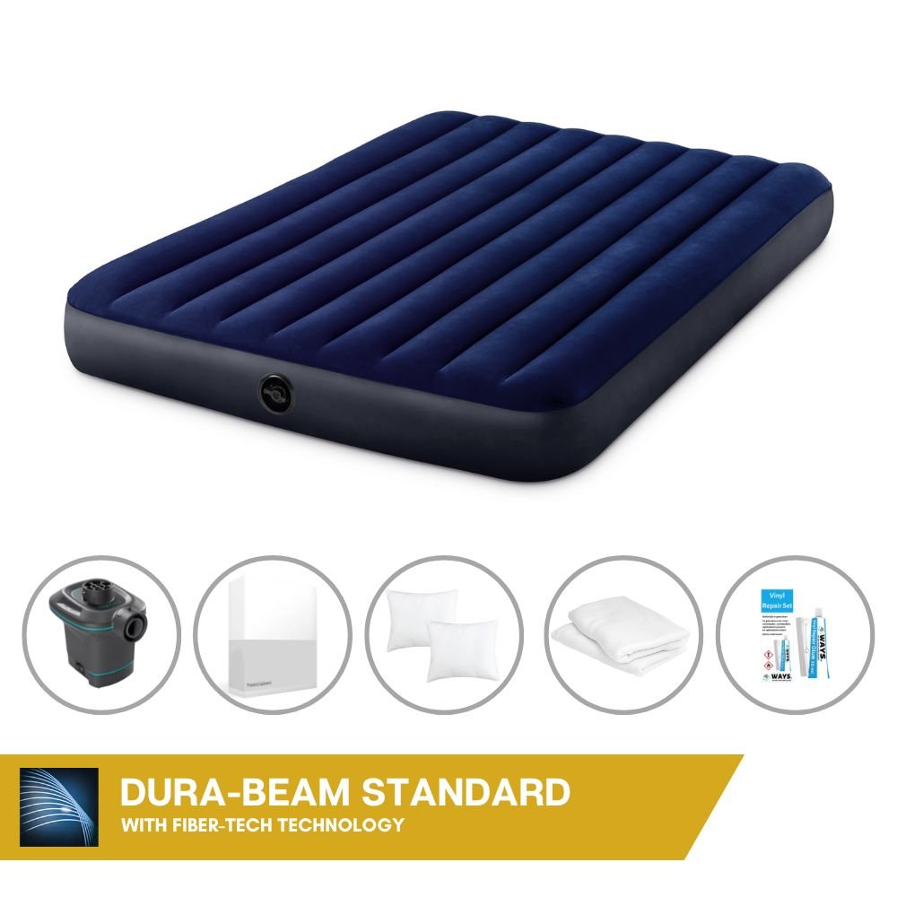 Dmuchane łóżko Intex - 2 osoby - 152 x 203 x 25 cm cm - Niebieski + elektryczna pompka Intex - 650 litrów/min + prześcieradło białe + poduszka + poszewki Molton 2 w 1 + zestaw naprawczy