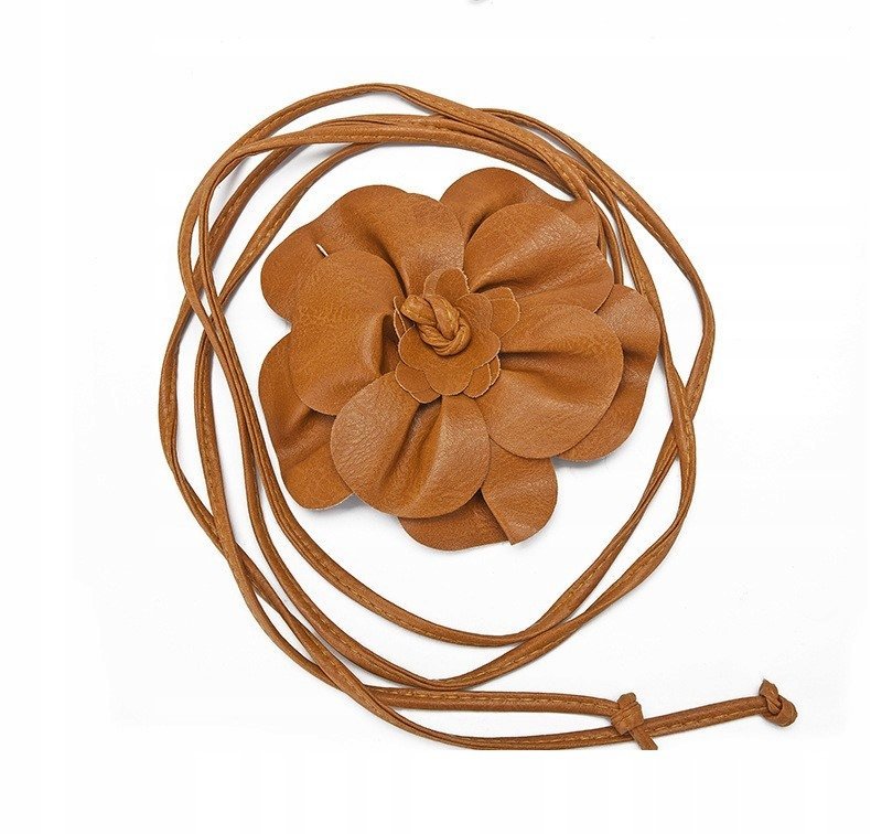 PASEK jasnobrązowy skórzany z kwiatem WIĄZANY efektowny DODATEK elegancki