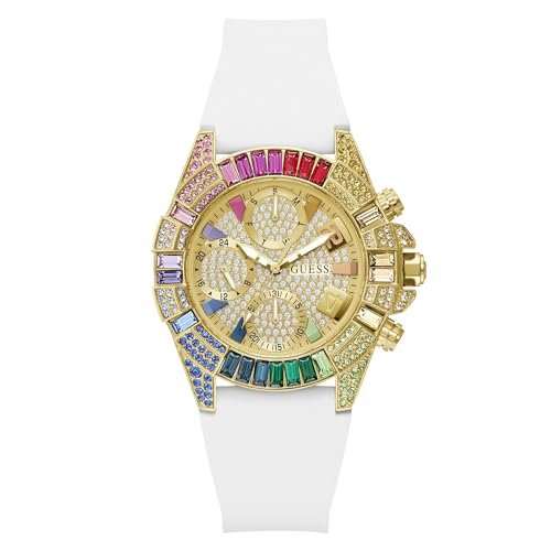 Guess True, damski zegarek na rękę, analogowy kwarcowy, stal nierdzewna, 39 mm, silikonowy pasek, biały, 5 bar, kolor cyferblatu: szampański, wyświetlanie daty, GW1047L2