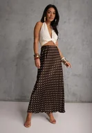 Spódnice - Brązowa Satynowa Spódnica z Wiskozy w Groszki o Rozkloszowanym Kroju Fediska - miniaturka - grafika 1