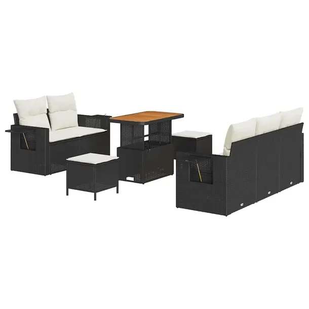 Zestaw Sofa Ogrodowa Modułowa Rattan Czarny, Poduszki Kremowe, 8 Elementó