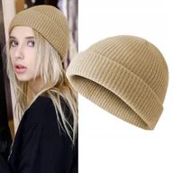 Czapki damskie - Czapka zimowa męska damska wywijana ciepła dwuwarstwowa beanie na zimę beż - miniaturka - grafika 1