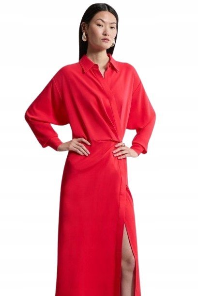 Karen Millen Czerwona Sukienka Prosta z Kołnierzykiem i Rękawem 36 B1c