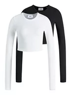 Koszulki i topy damskie - JACK&JONES Women's JXFELINE LS Rib Tee NOOS 2PK MP Top, jasny biały/opakowanie: czarny, L, Bright White/Pack:black, L - miniaturka - grafika 1