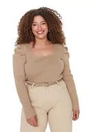 Body - Trendyol Damska plus size dopasowana bodycon kwadratowy kołnierz dzianina plus size bluzka, BEŻOWY, 5XL (Duże Rozmiary) - miniaturka - grafika 1