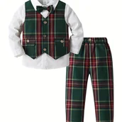 Dresy i komplety dla chłopców - TEMU Chłopięca odzież na Boże Narodzenie dla 1-rocznych, biała koszula, zielona kamizelka w kratę, spodnie, muszka, wieloczęściowy garnitur, impreza - miniaturka - grafika 1