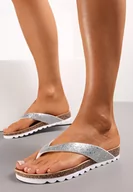 Klapki i japonki damskie - Srebrne Płaskie Japonki Zdobione Brokatem Sandima - miniaturka - grafika 1