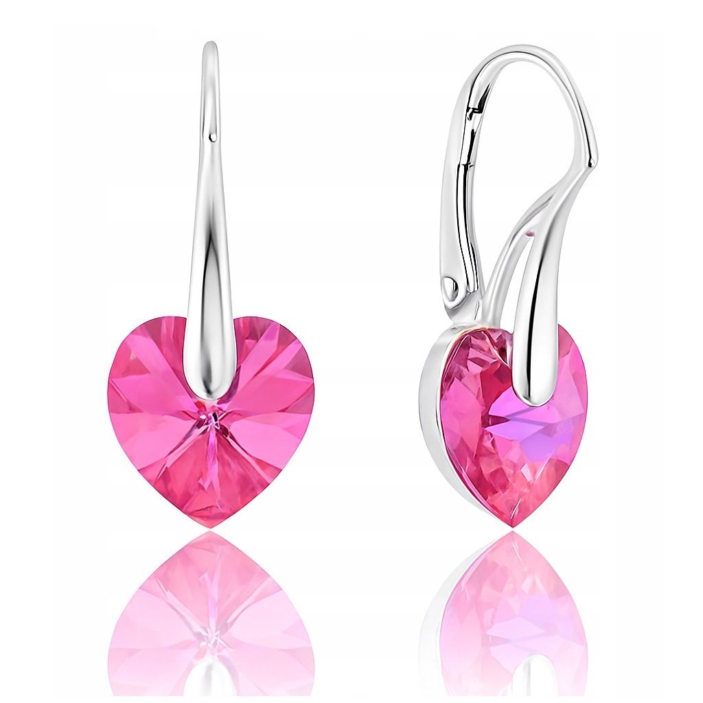 KOLCZYKI SWAROVSKI SREBRNE SERCA 925 DŁUGIE, WISZĄCE, RÓŻOWE, NA PREZENT