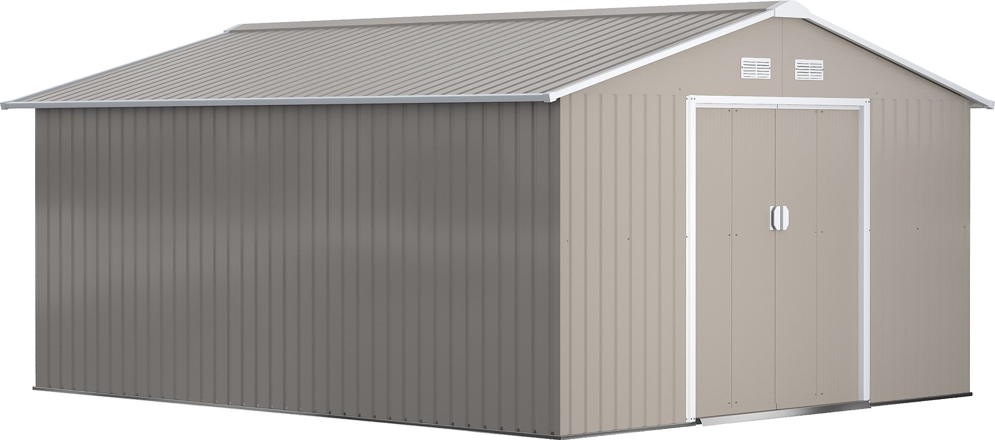 Domek ogrodowy Outsunny 12,4 m², z dachem dwuspadowym, drzwiami przesuwnymi, fundamentem, 386 x 340 x 200 cm, ocynkowany stalowy domek narzędziowy, odporny na warunki atmosferyczne, do ogrodu, jasnoszary