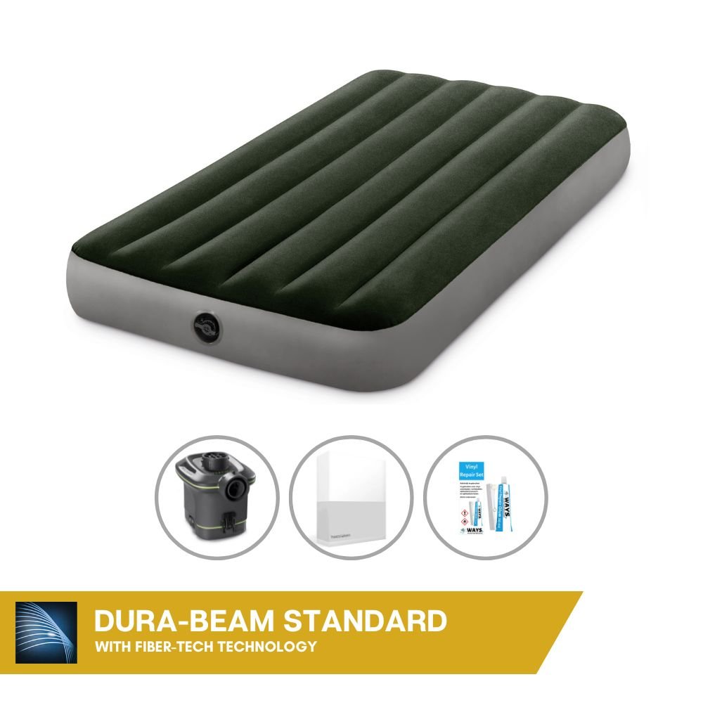 Dmuchane łóżko Intex - 1 osoba - 99 x 191 x 25 cm - Zielony - Z pompką + prześcieradło białe + zestaw naprawczy