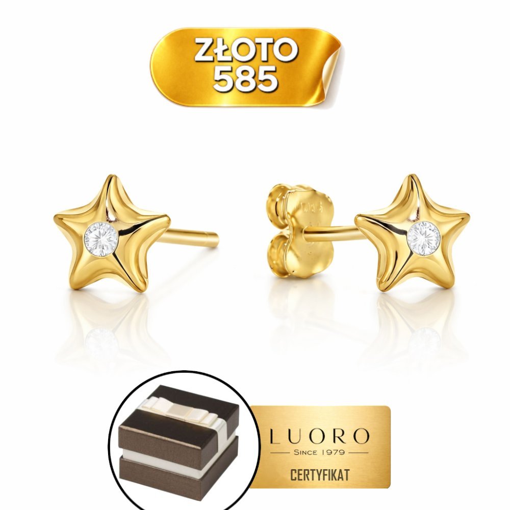 KOLCZYKI ZŁOTE 585 14K GWIAZDKI Z CYRKONIĄ 6 MM SZTYFT ELEGANCKIE