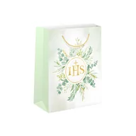 Pamiątka Pierwszej Komunii Świętej - Torebka prezentowa komunijna złote IHS eukaliptus 20cm - miniaturka - grafika 1