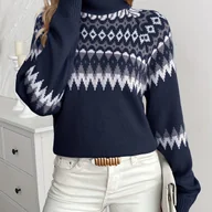 Swetry damskie - TEMU Damski Skandynawski Sweter Zimowy - Retro Geometryczny Sweter z Kołnierzem, Długi Rękaw, Przytulny Sweter na Jesień/Zimę, Casual i Elegancki - miniaturka - grafika 1