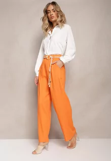 Spodnie damskie - Pomarańczowe Szerokie Spodnie Boho z Plecionym Paskiem Alleida - grafika 1