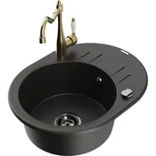 Zlewozmywaki z baterią - Mexen Kevin zlewozmywak granitowy 1-komorowy z ociekaczem i baterią kuchenną Carla, czarny/złoty metalik - miniaturka - grafika 1