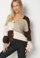 Swetry damskie - Brązowy Patchworkowy Kardigan Oversize na Guziki z Falbanką na Rękawach i Wełną Atevita - miniaturka - grafika 1