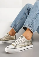 Trampki damskie - Złote Brokatowe Trampki z Napisem i Niską Cholewką Borlevi - Renee - miniaturka - grafika 1