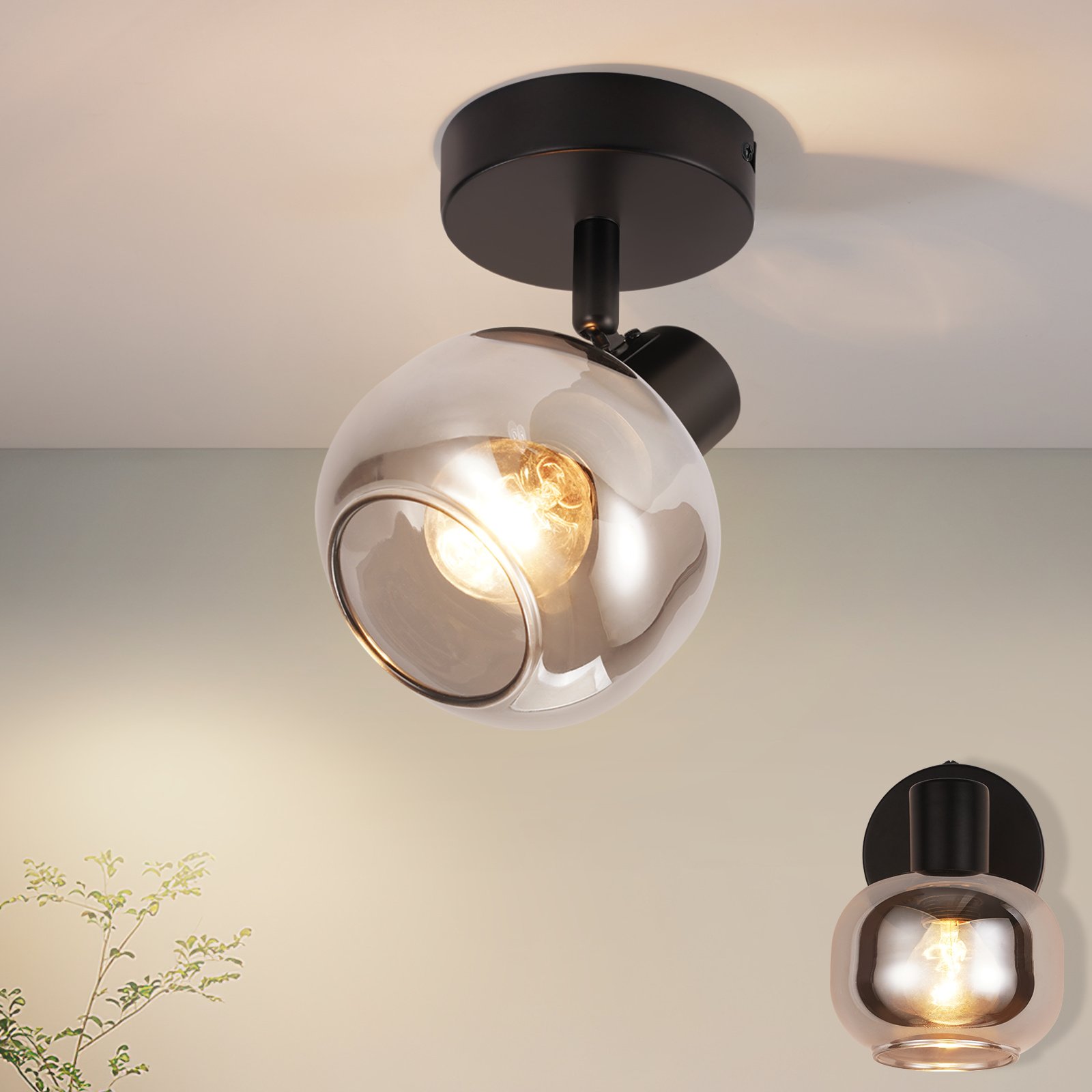 ZMH lampa sufitowa do salonu reflektor sufitowy vintage 1 płomień E14 gniazdo dymne szare szkło retro spot sufitowy do sypialni korytarz kuchnia (bez źródła światła)