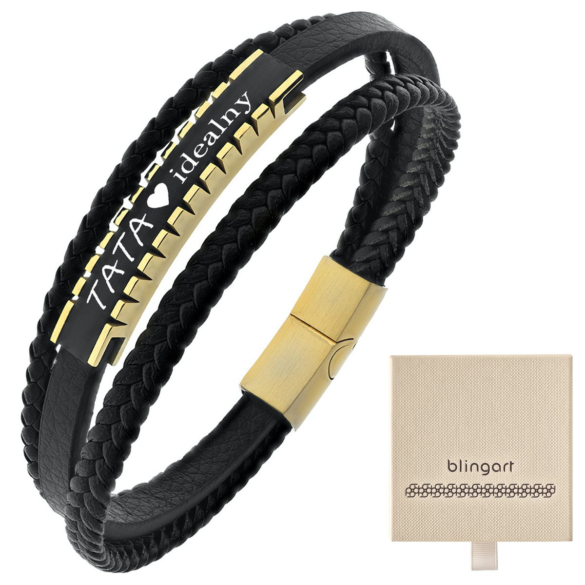 Bransoletka z GRAWEREM męska skóra + stal potrójna