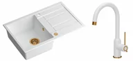 Zlewozmywaki z baterią - Quadron Zlewozmywak granitowy jednokomorowy 78*50*22 cm z ociekaczem MORGAN 111 SNOW WHITE z miedzianym odpływem z baterią INGRID Q LINE SNOW WHITE kolor biały mat/wykończenie miedź - miniaturka - grafika 1