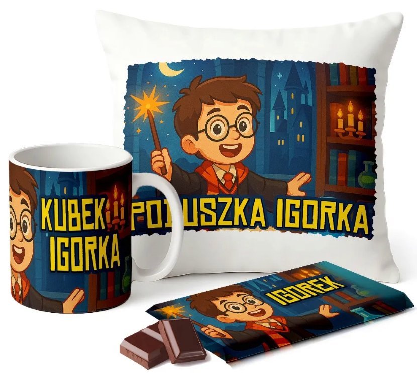 Zestaw Kubek Poduszka Czekolada z Imieniem Prezent Mały Czarodziej Magia