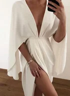 Sukienki - Elegancka sukienka z ozdobnymi rękawami i głębokim dekoltem - Biały - miniaturka - grafika 1